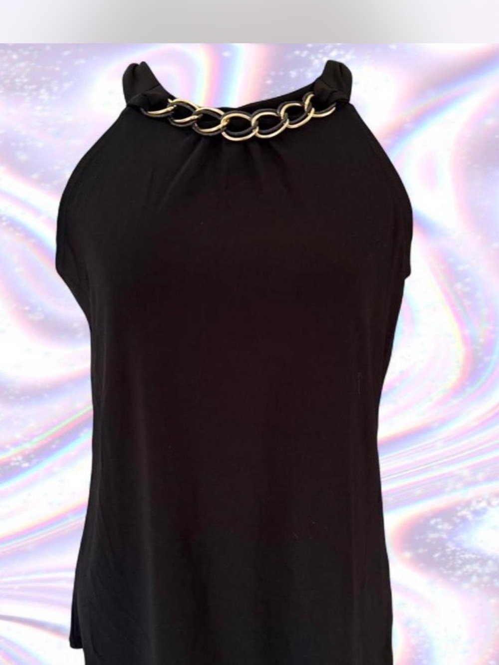 Black Halter Tank Top with Gold Chain Accent - Women's